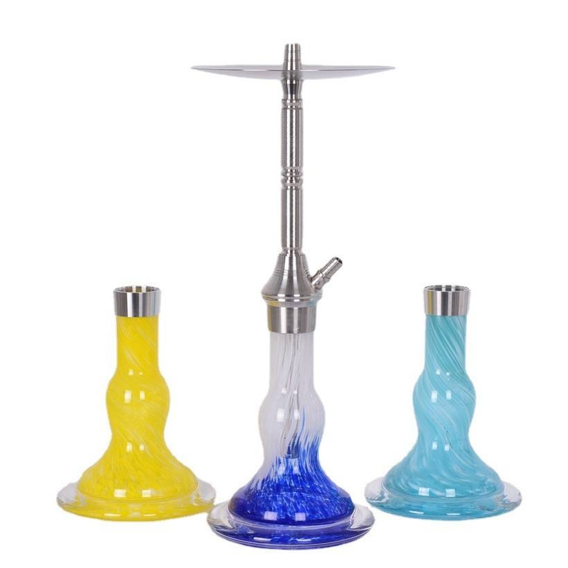 Three colourful glass hookah pipes on a white background
