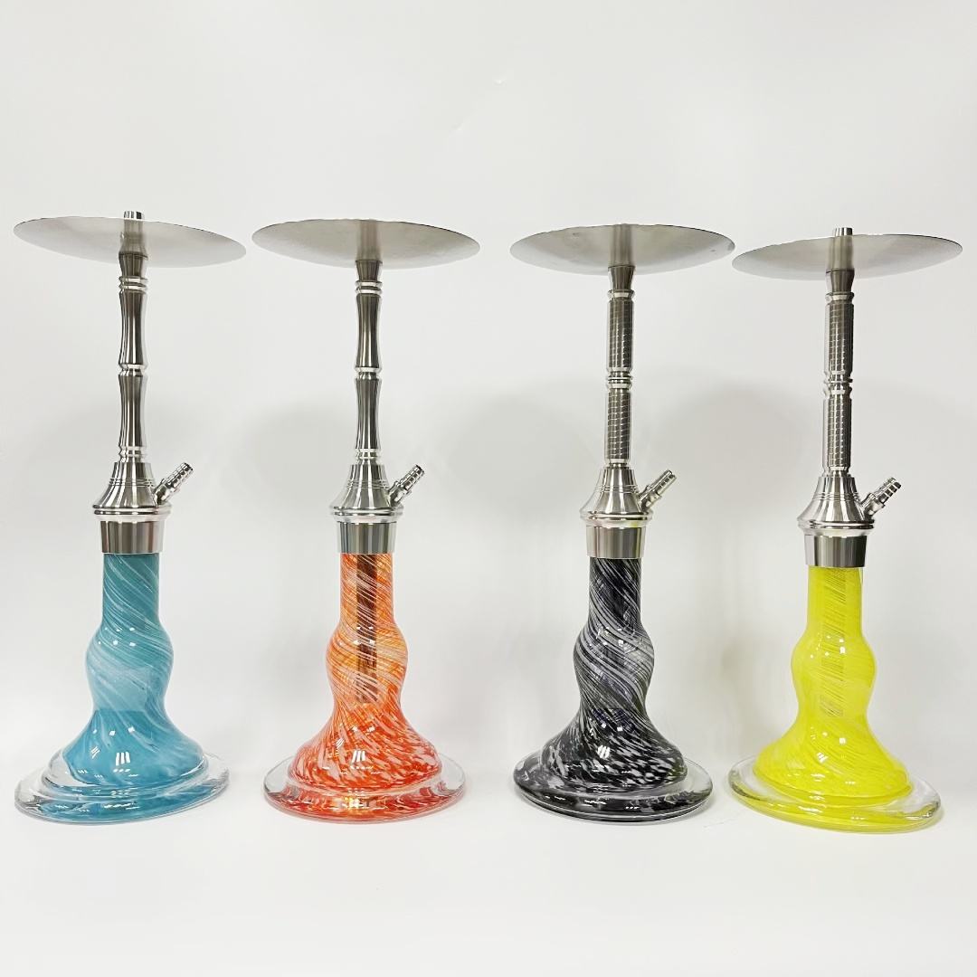 Four glass shisha pipes with metallic tops on a white background in colours, blue, orange, black and yellow.