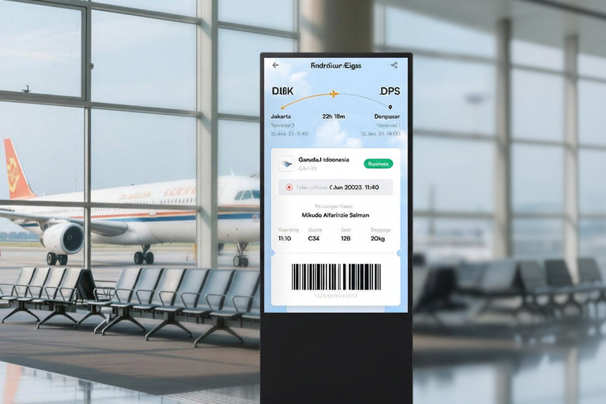 43” LED Touchscreen Indoor Digital Kiosk Floor Standing in an airport terminal showing flight information.