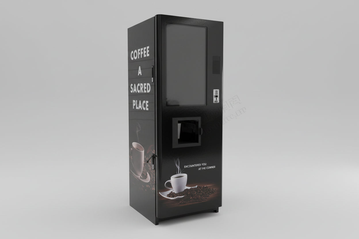 Coffee vending machine with 'Coffee: A Sacred Place' text with coin and card payment options.
