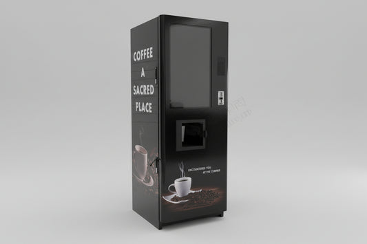 Coffee vending machine with 'Coffee: A Sacred Place' text with coin and card payment options.