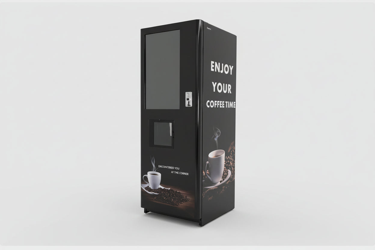 Coffee vending machine with 'Enjoy Your Coffee Time' text in a modern indoor setting. With coin and card payment options.