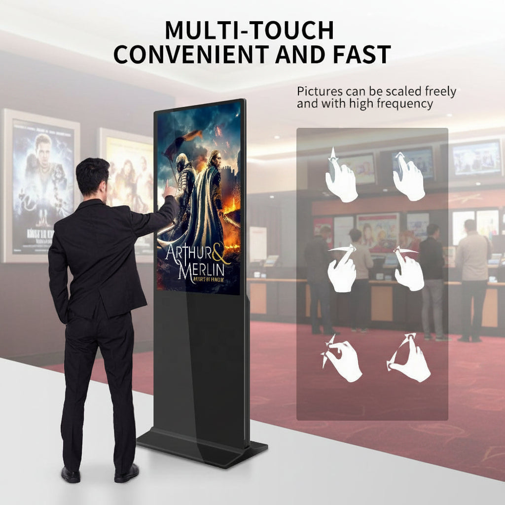 Person interacting with a multi-touch screen display featuring 'Arthur & Merlin' movie poster, with hand gestures on the right, in a cinema setting
