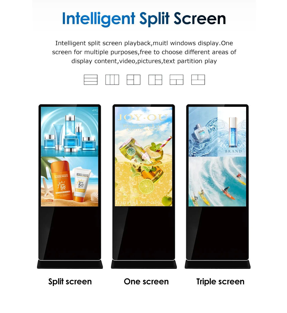 43” LED Touchscreen Indoor Digital Kiosk Floor Standing with 'Intelligent Split Screen' feature showing different screen configurations.
