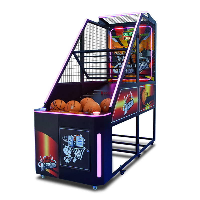 Basketball arcade game with glowing lights and colorful graphics on a white background