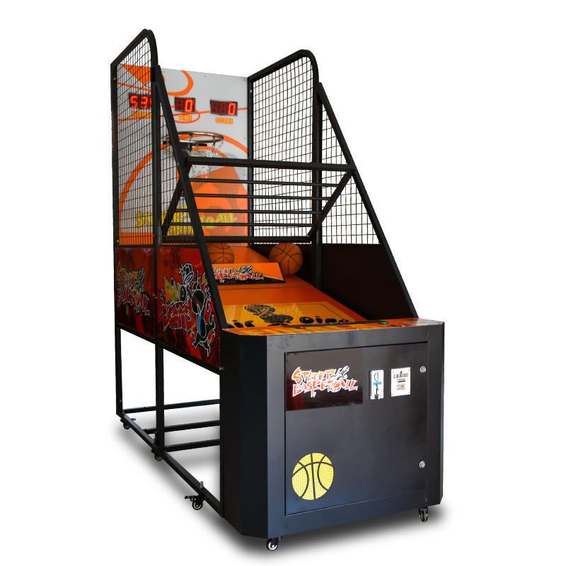 Basketball arcade machine with digital display on a white background