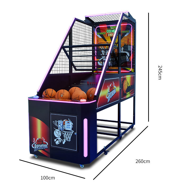 Colorful arcade basketball machine with dimensions on a white background