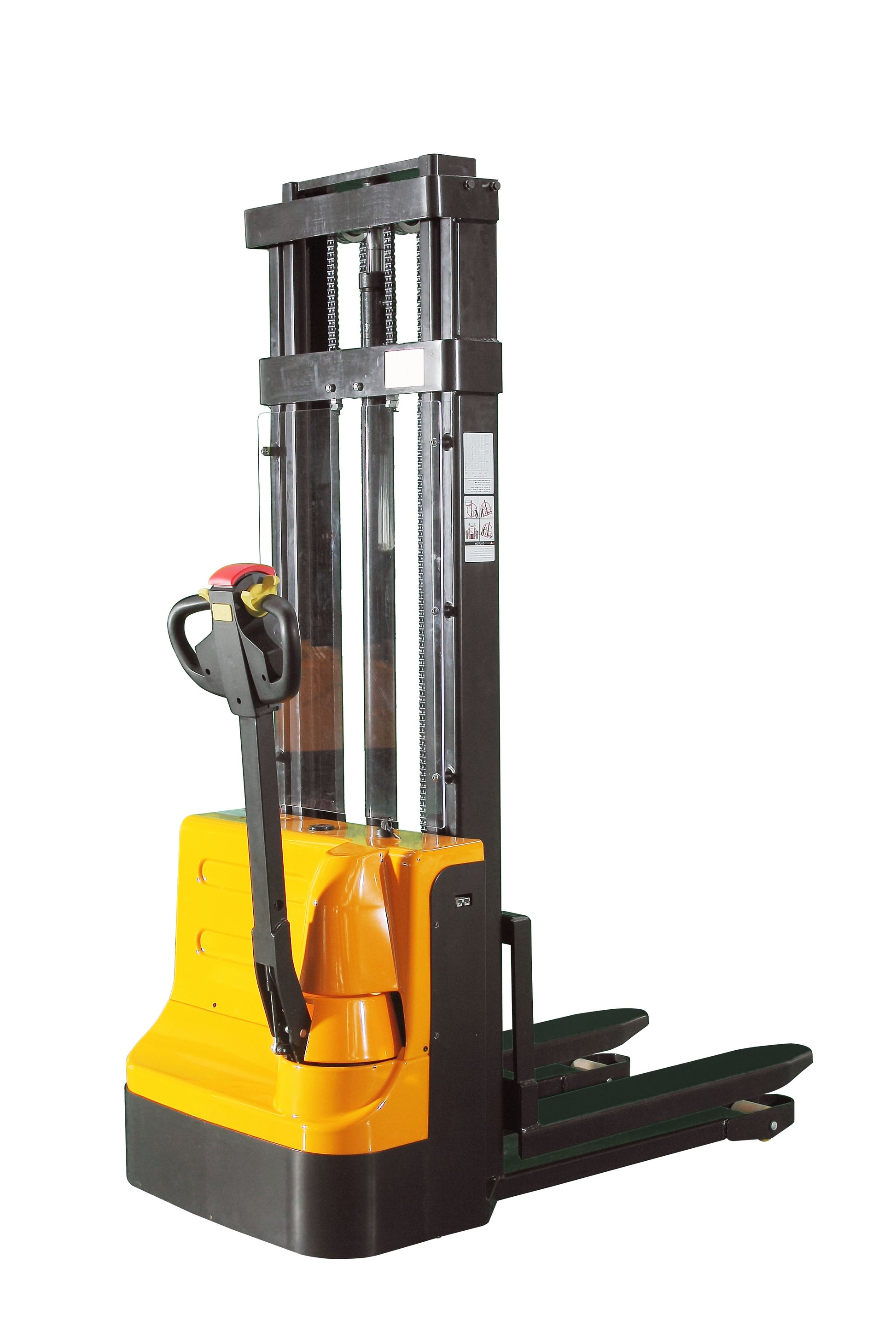 Yellow and black forklift on a white background