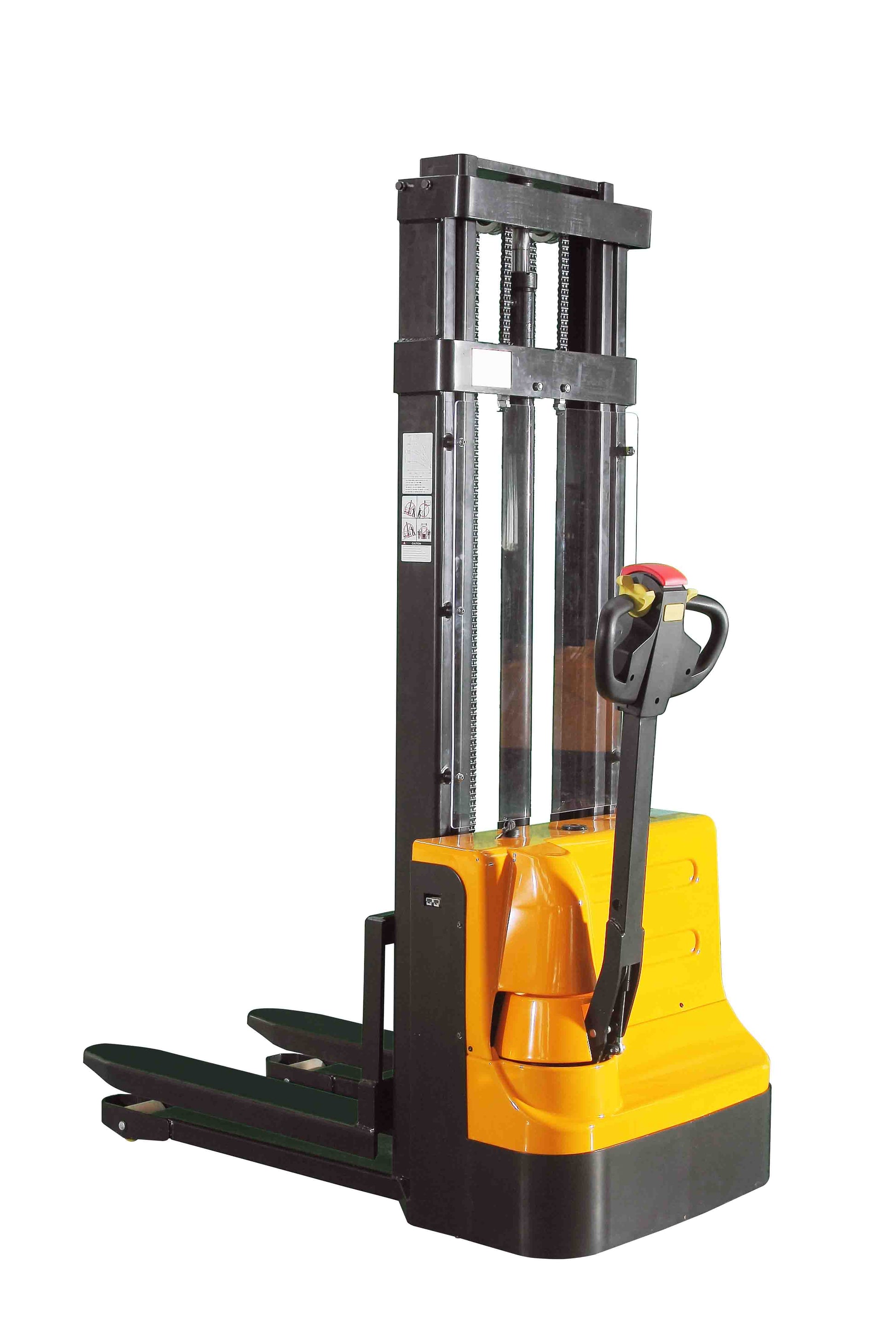 Yellow and black forklift on a white background