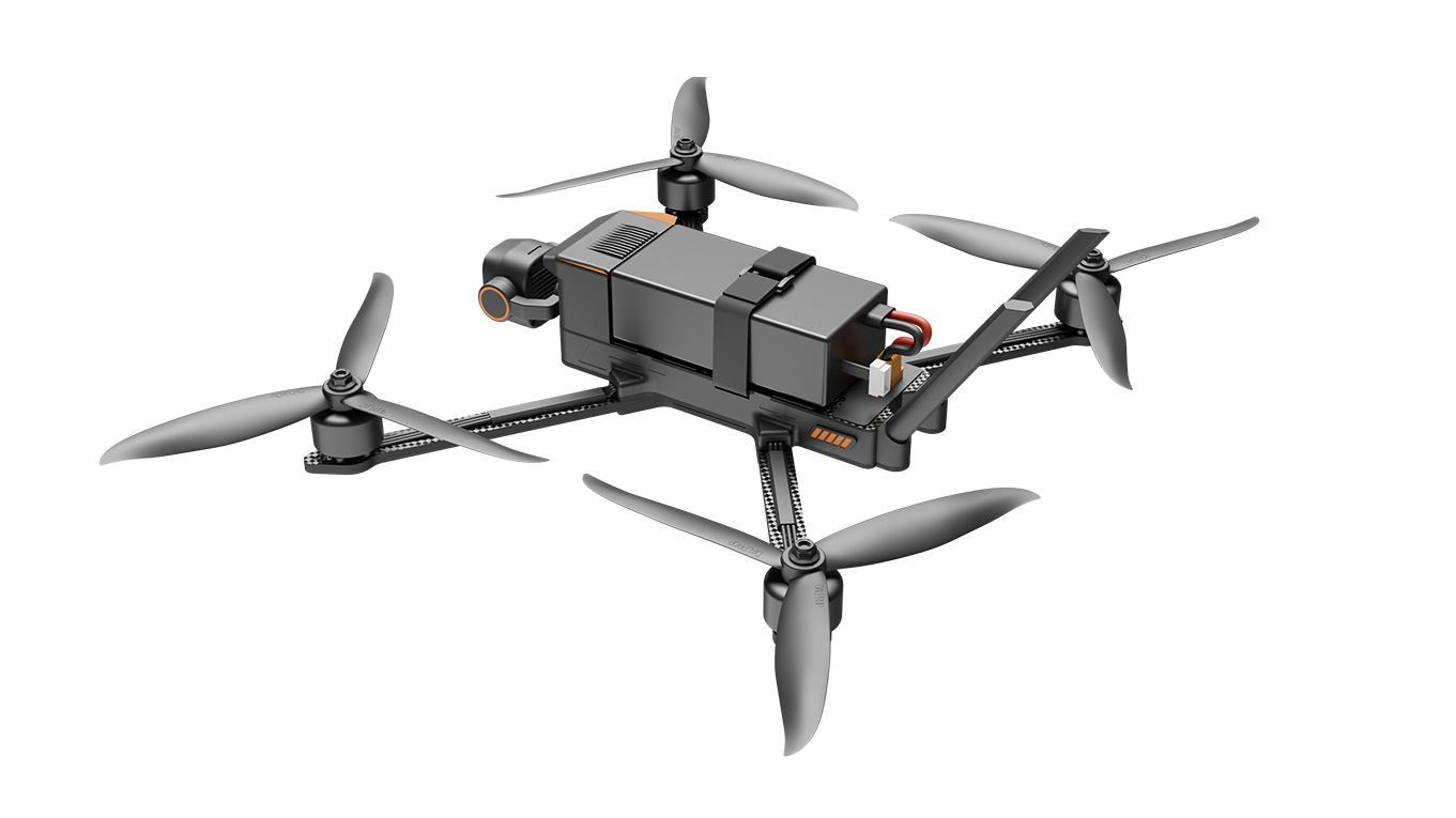 Black drone with propellers on a white background