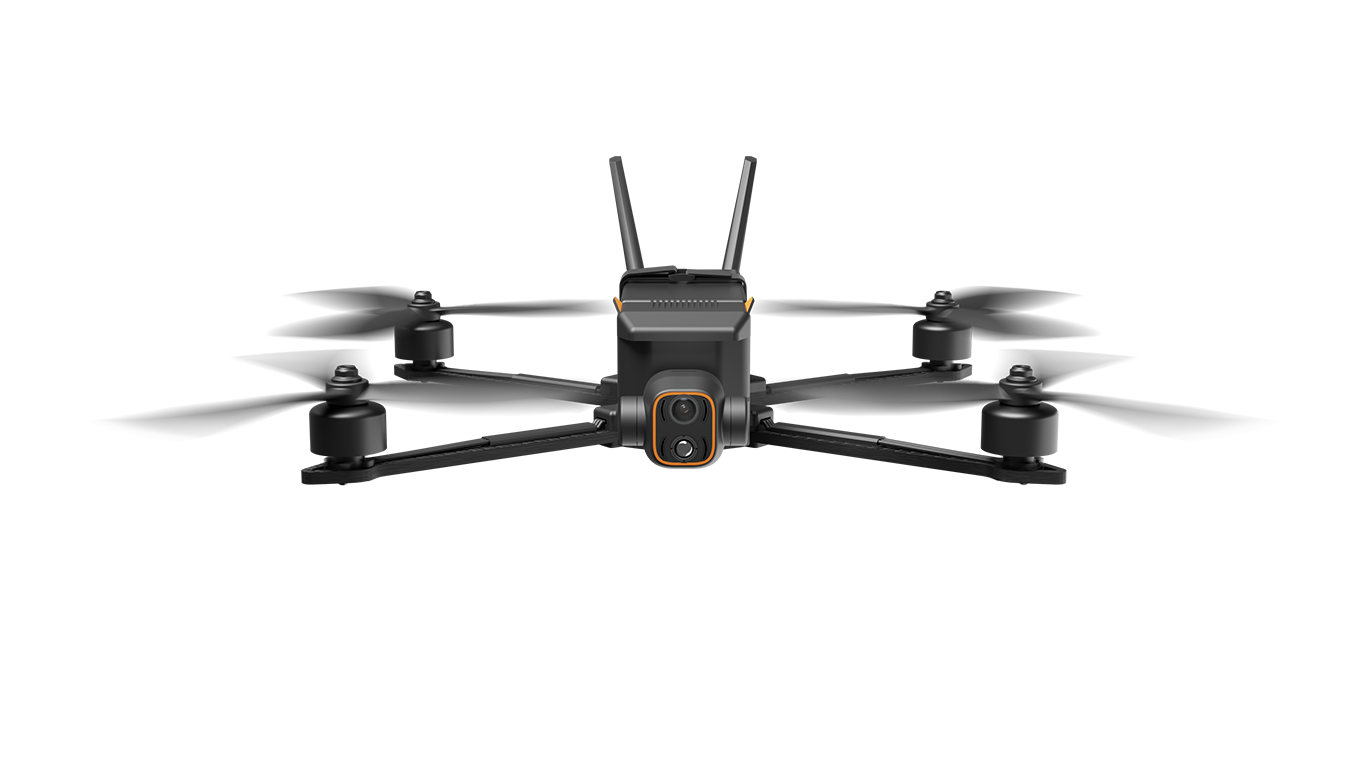 Black drone with propellers on a white background