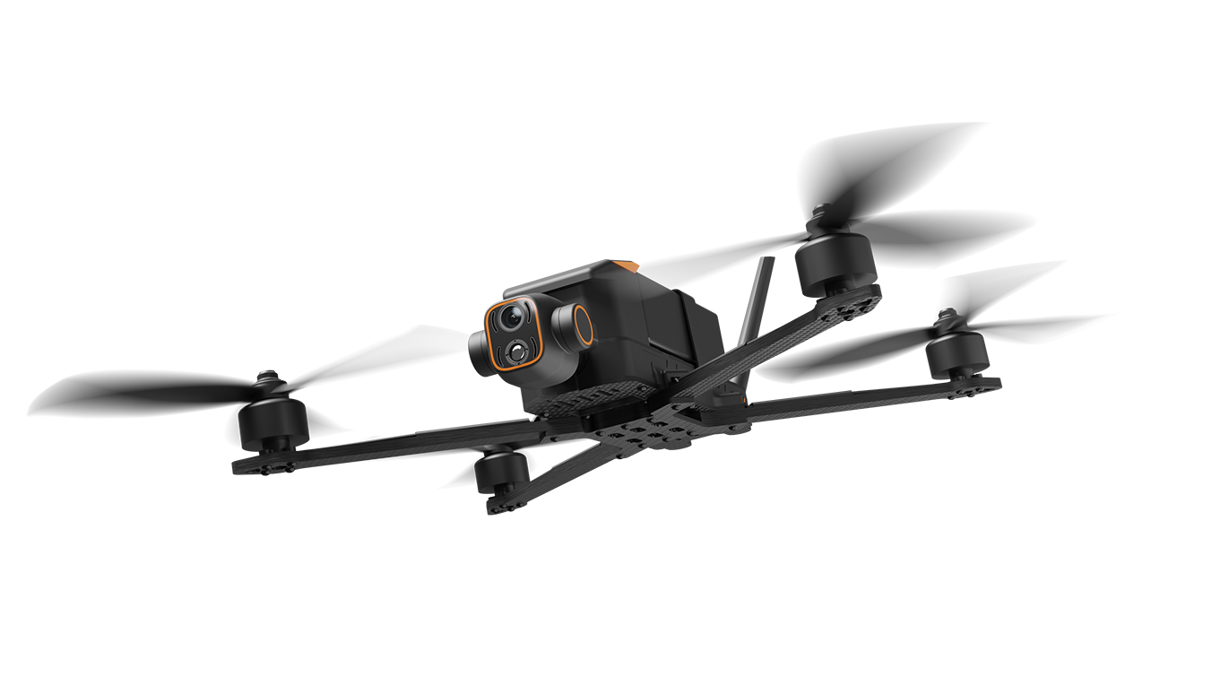 Black drone with propellers on a white background